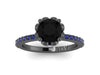 Black Diamond Blue Sapphire Engagement Ring Wedding Ring 14K Black Gold Wedding Ring with 1.15ct Round Natural Black Diamond Center - V1006