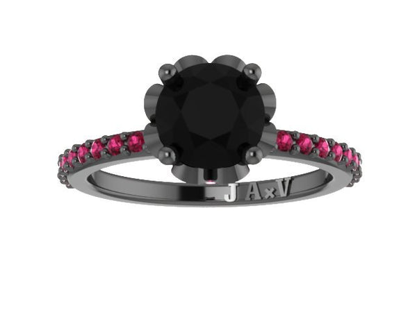 Black Diamond Pink Sapphire Engagement Ring 14K Black Gold Wedding Ring with 1.15ct Round Black Diamond Center Gemstone Engagement - V1006