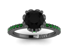 Black Diamond Green Emerald Engagement Ring Flower Engagement 14K Black Gold Wedding Ring with 1.15ct Round Black Diamond Valentines - V1006