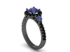 Statement Rings Blue Sapphire Engagement Ring Black Diamond Wedding Ring 14K Black Gold Engagement Ring with 6.5mm Blue Sapphire Ctr-V1023M