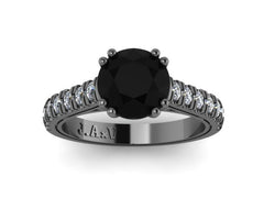 Black Gold Ring Diamond Engagement Ring White Diamond Weding Ring Gemstones 14K Black Gold Ring with 7mm Round Black Diamond Center - V1029