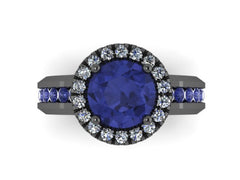 Diamond Halo Blue Sapphire Engagement Ring Gemstone Engagement 14K Black Gold Blue Sapphire Ring with 7mm Round Blue Sapphire Center - V1032