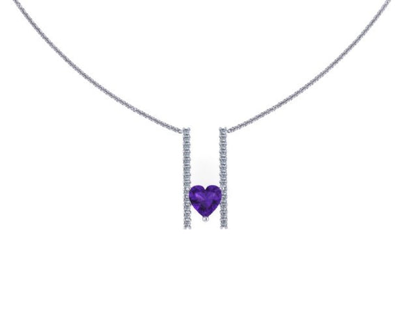 Valentines Heart Shape Diamond Necklace Amethyst Pendant 14K White Gold Necklace Heart Amethyst Center February Birthstone Gems Unique-V1094