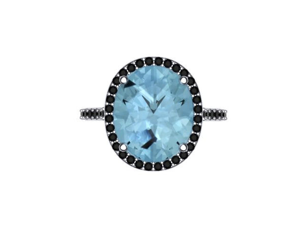 Oval Aquamarine Engagement Ring March Birthstone Black Diamond Wedding Ring 14K White Gold Ring Unique Gem Gemstone Bridal Jewelry - V1097
