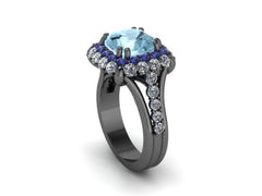 Cushion Cut Aquamarine Engagement Ring Diamond & Blue Sapphire 14K Black Gold Ring with 9x9mm Aquamarine Center March Birthstone Gems- V1096