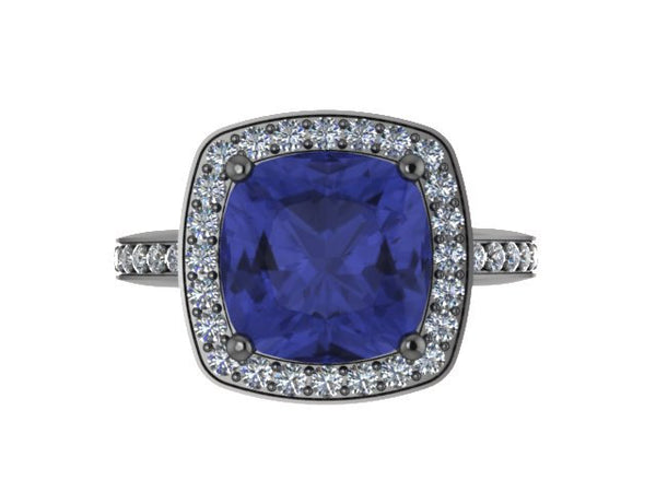 Blue Sapphire Engagement Ring Diamond Halo Sapphire Wedding Ring 14K Black Gold Unique Engagement Ring Etsy Fine September Birthstone- V1098