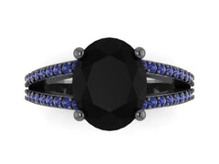 Black Diamond Ring Blue Sapphire Engagement Ring 14K Black Gold Engagement Ring Oval Black Diamond Unique Engagement Ring Bridal Ring- V1099