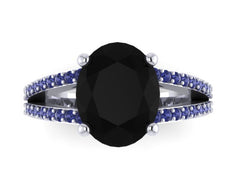 Black Diamond  Blue Sapphire Engagement Ring 14K White Gold Engagement Ring Oval Natural Black Diamond Bridal Ring Unique Valentines - V1099