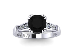 Cushion Cut Natural Black and White Diamond Engagement Ring Diamond Wedding Ring 14K White Gold with 6.5mm Black Diamond Center - V1103