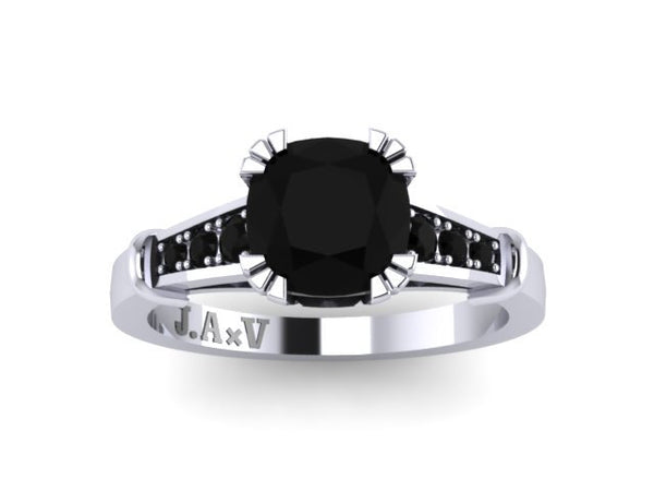 Cushion Cut Black Diamond Engagement Ring 14K White Gold Diamond Wedding Ring with 6.5mm Black Diamond Center Genuine Gemstones Rings- V1103