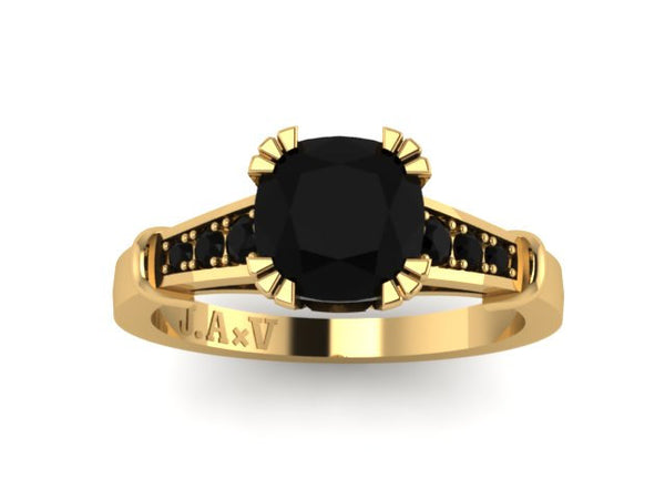 Cushion Cut Natural Black Diamond Engagement Ring 14K Yellow Gold Ring Wedding Ring Women's Jewelry Fine Jewelry Unique Engagememt  - V1103