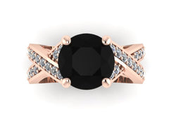 Black Diamond Engagement Ring Wedding RIng 14K Rose Gold with 8mm Round Black Diamond Center Genuine Diamond Jewelry Women's Rings - V1106