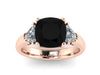 Rose Gold Engagement Ring Cushion Cut Natural Black Diamond Center and Two Trillion Cut Forever Brilliant Moissanite Side-Stones - V1107