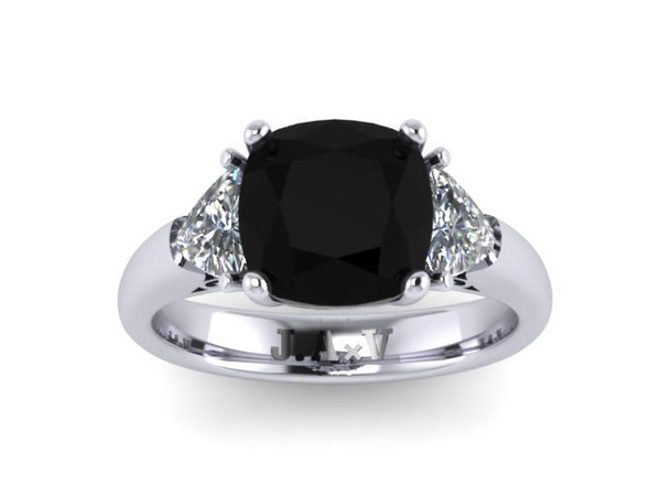 Platinum Engagement Ring Natural Cushion Cut Black Diamond Engagement Ring w/2 Trillion Cut Forever Brilliant Moissanite Side-Stones - V1107