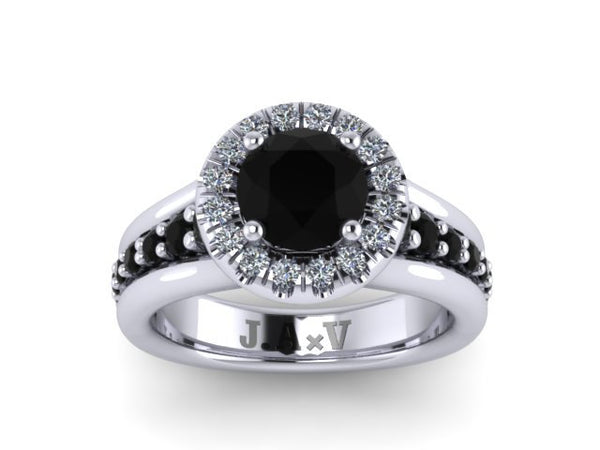 Black Diamond Halo Engagement Ring Anniversary Classic Engagement 14K White Gold Ring With 6.5mm Natural Black Diamond Center Unique -V1110