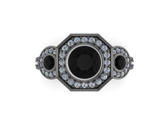 Art Deco Black Natural Diamond Engagement Ring Wedding Three Stone Ring 14K Black Gold Ring With 6mm Natural Black Diamond Center-V1111