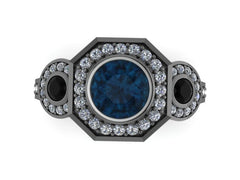 Art Deco Engagement Ring London Blue Topaz Ring Natural Black Diamond Engagement Ring Wedding Three Stone Ring 14K Black Gold Ring - V1111