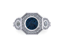 Art Deco 6mm London Blue Topaz Natural Diamond Engagement Ring Vintage Wedding Three Stone Ring 14K White Gold Fine Jewelry Ring - V1111