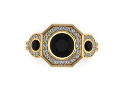 Art Deco Engagement Ring Natural Black Diamond Center White Diamonds Vintage  Three Stone Ring 14K Yellow Gold Fine Jewelry Gemstones -V1111