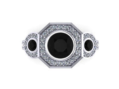 Art Deco Engagement Ring Natural Black Diamond Center White Diamonds Engagement Ring Vintage Three Stone Ring 14K White Gold Jewelry -V1111