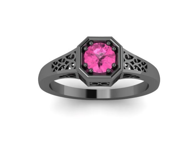 Edwardian Pink Sapphire Engagement Ring 14K Black Gold Vintage Ring Center Fine Jewelry Gemstone Engagement - V1118