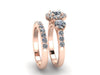 Diamond Halo Forever Brilliant Moissanite Three-Stone Engagement Ring with One Diamond Matching Band 14K Rose Gold Bridal Set Marriage-V1119