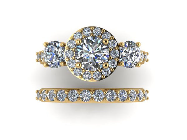 Diamond Halo Forever One Moissanite Three-Stone Engagement Ring w/One Diamond Matching Band 14K Yellow Gold Bridal Set Etsy- V1119