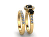 Set White Diamond Halo Natural Black Diamond Three-Stone Engagement Ring with One Diamond Matching Band 14K Yellow Gold Bridal Set - V1119