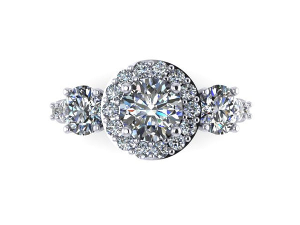 Diamond Halo Three-Stone Forever One Engagement Ring 14K White Gold Wedding Ring Unique Etsy Jewellery Bridal Fine Jewelry  - V1120
