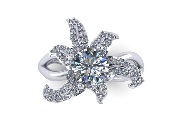 Flower Lily Diamond Engagement Ring Charles & Colvard Forever One Moissanite Center Unusual 14K White Gold Engagement Ring  - V1124