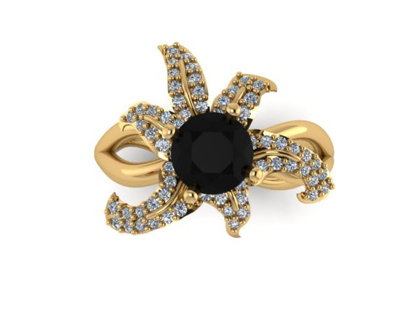 Flower Lily Natural Black Diamond Engagement Ring Center Unusual 14K Yellow Gold Engagement Women's Jewelry Conflict Free Genuine  - V1124