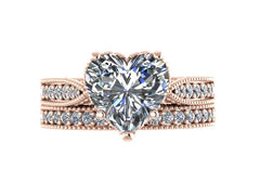 Victorian Diamond Bridal Set Engagement Ring With Matching Band Forever Brilliant Heart Shape Brilliant Moissanite Ctr 14K Rose Gold - V1126