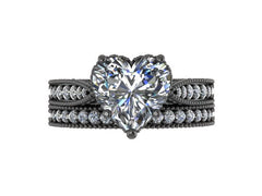 Victorian Diamond Bridal Set Engagement Ring With Matching Band Forever Brilliant Heart Shape Moissanite Ctr 14K Black Gold Vintage - V1126