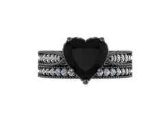 Victorian Diamond Bridal Set Engagement Ring With Matching Band Heart Shape Natural Black Diamond Center 14K Black Gold Vintage Ring - V1126