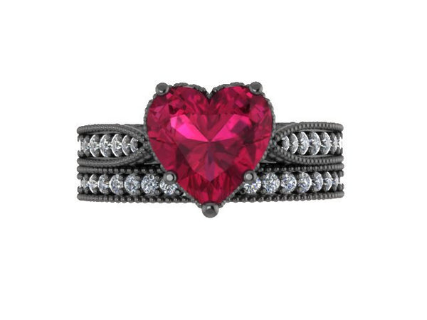 Victorian Diamond Bridal Set Engagement Ring With Matching Band Heart Shape Ruby Center 14K Black Gold Mother Day Gift Fine Jewelry - V1126