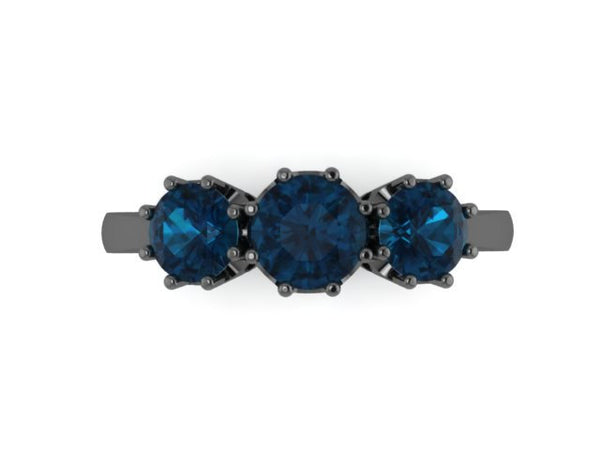 Three-Stone London Blue Topaz Band French Style Fine Jewelry 14K Black Gold Women's Ring Gemstone Gifts December Birthstone Presents -V1128
