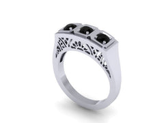 Edwardian Three-Stone Black Diamond Engagment Ring Vintage Wedding Estate Fine Jewelry Antique Ring 14k White Gold Anniversary Gift -V1134