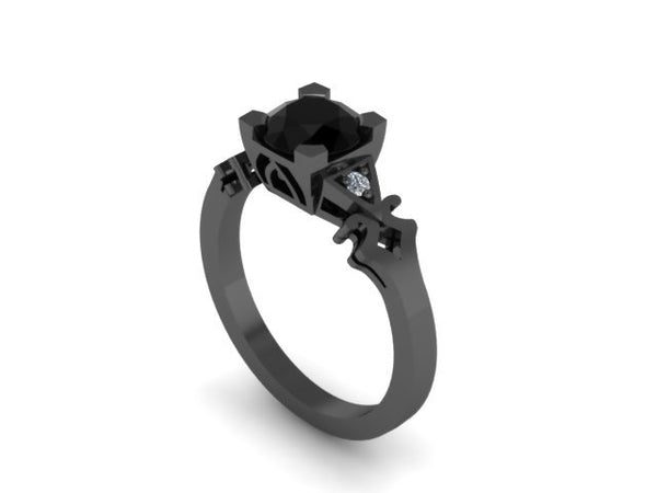 Unique Vintage Engagement Ring 6.5mm Genuine Black Diamond Center 14K Black Gold Diamond Wedding Ring Estate Fine Jewelry Bridal Set -V1135