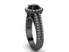14k Black Gold Engagement Ring Round 7mm Genuine Black Diamond Center White Diamond Halo Double Shank Ring Custom Jewelry Gem Gifts - V1138