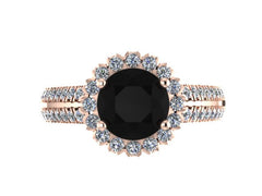 14k Rose Gold Unique Engagement Ring Round 7mm Genuine Black Diamond Center White Diamond Halo Double Shank Ring Custom Jewelry Gifts- V1138