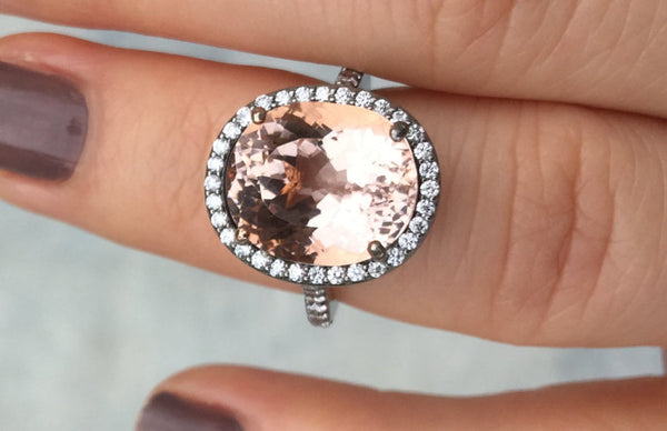 Oval Peachy Pink Morganite Engagement Ring Diamond Halo Wedding Ring 14K Black Gold Ring Fine Jewelry Gemstone Rings Statement Ring - V1097