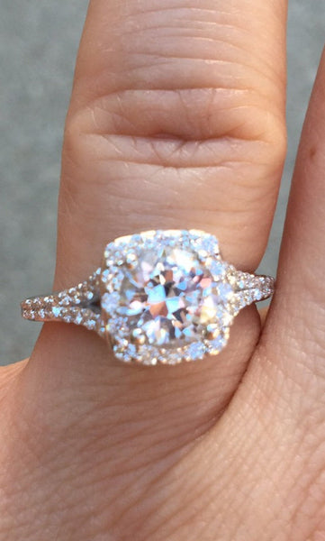Platinum Engagement Ring Diamond Halo Engagement Ring 1.20ct Round White Sapphire Ring Fine Jewelry Statement Ring Proposal Love Ring- V1025