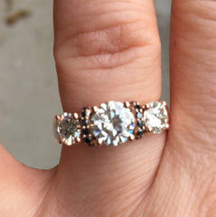Engagement Ring Black Diamonds 14K Rose Gold Wedding Ring 6.5mm Round Moissanite Center and Two 5mm Side-Moissanites Gorgeous Ring- V1069