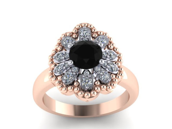 Natural Black Diamond Engagement Ring Diamond Wedding Ring 14k Rose Gold Bridal Ring Flower Two Tone Ring Unique Vintage Engagement - V1141