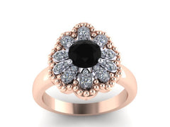 Natural Black Diamond Engagement Ring Diamond Wedding Ring 14k Rose Gold Bridal Ring Flower Two Tone Ring Unique Vintage Engagement - V1141