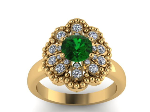 Emerald Engagement Ring Diamond Wedding Ring 14k Yellow Gold Weddingl Ring Flower Mothers Day Gift Idea Unique Bridal Jewellery Ring -V1141