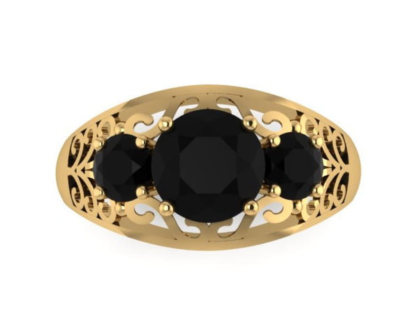 Edwardian Diamond Engagement Ring 14K Yellow Gold Engagement Natural Black Diamonds Vintage Ring Filigree Design Ring Statement Ring - V1144