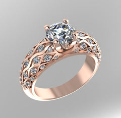 Moissanite Engagement Ring 14K Rose Gold Ring with 6.5mm Round Charles and Colvard Forever One Moissanite Center Bridal Jewelry- V1040